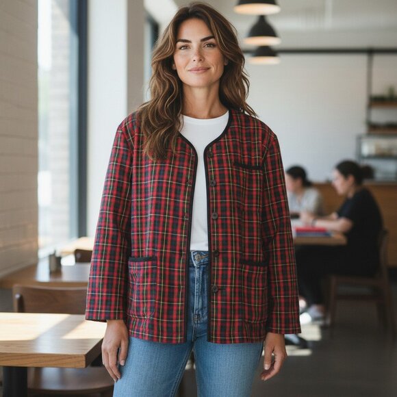 Vintage Esprit Plaid Jacket Medium Red Tartan 80s 90s Retro Cottagecore Plaid - Picture 1 of 12